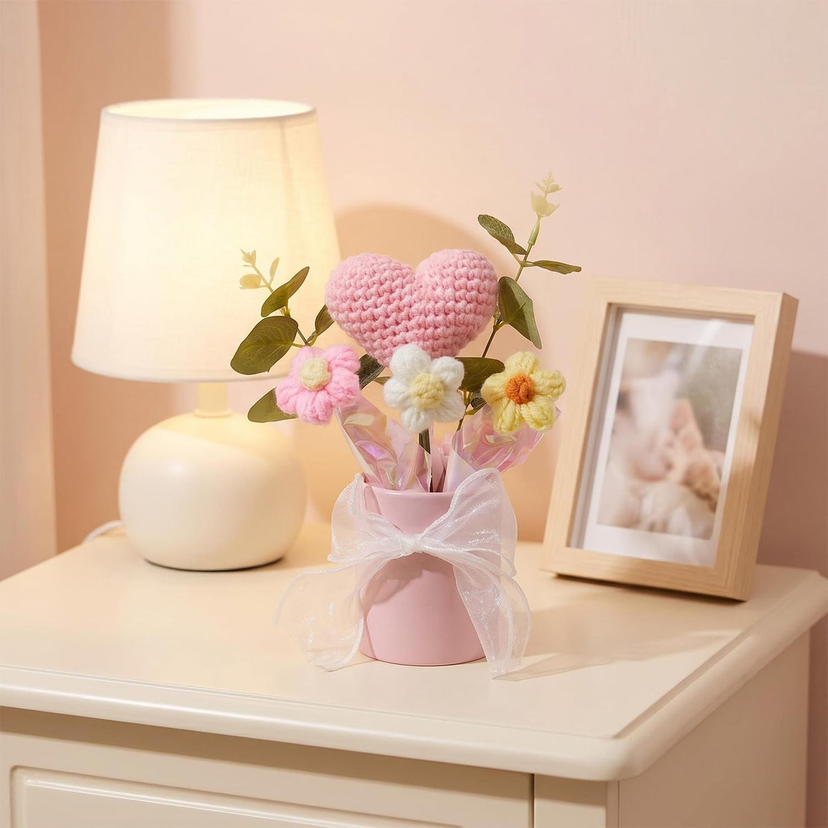 Crochet Pink Flower Bouquet, Small Handmade Desktop Decor Gifts For Women | Skin-friendly, Odor-free yarn, Pollen-free, Hypoallergenic, Great for Birthday, Mother's Day, Daughter & Grandma Gifts