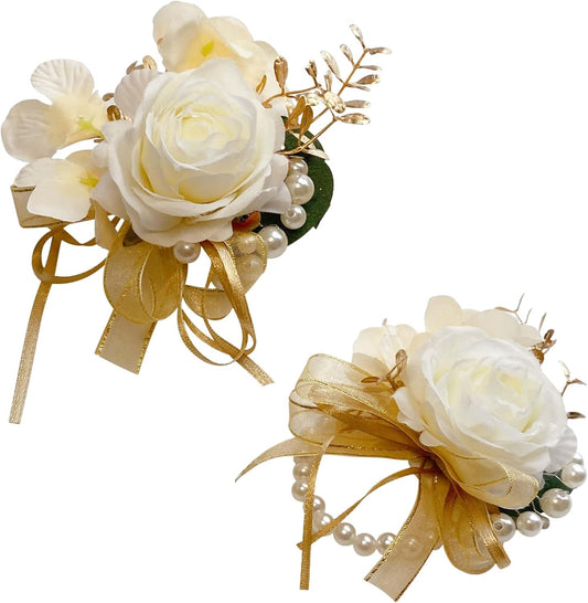 Champagne 2Pcs Wedding Corsage & Boutonniere Set | Prom, Anniversary, Formal Dinner Party, Ring Bearer, Niece, Wrist Bracelet, Groom Accessories