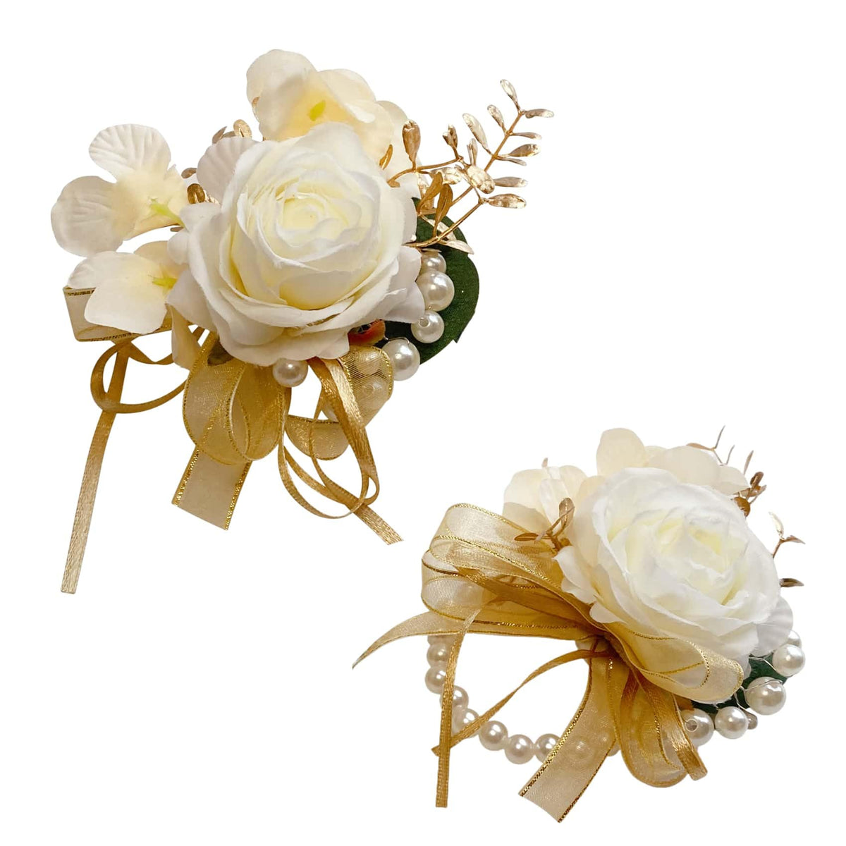 Champagne 2Pcs Wedding Corsage & Boutonniere Set | Prom, Anniversary, Formal Dinner Party, Ring Bearer, Niece, Wrist Bracelet, Groom Accessories