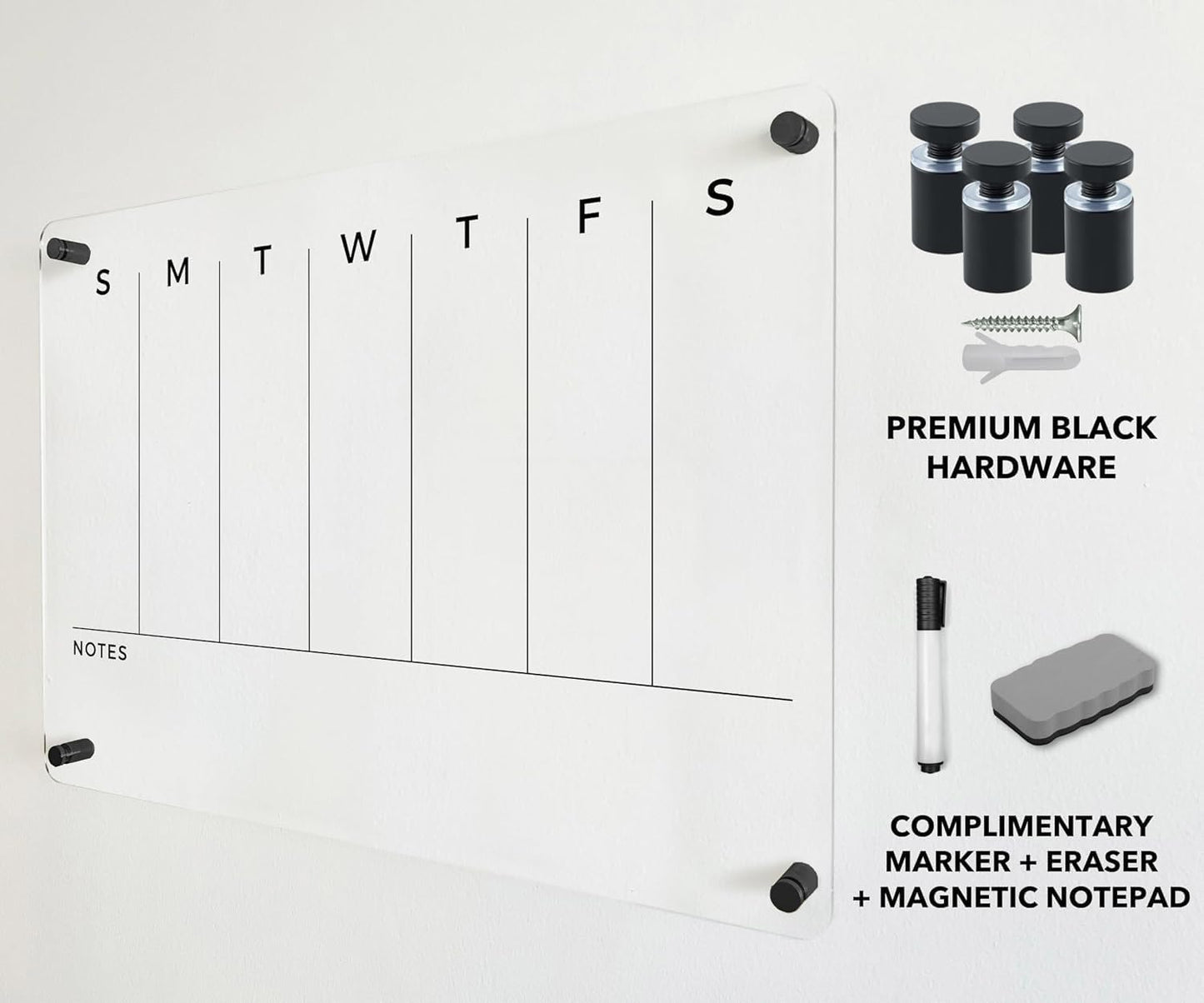 Weekly Premium Large Glass Calendar - Reusable Board for Office and Home - Dry Erase Board - Acrylic Wall Calendar w Marker (Black Standoff, 24"x18" (Regular))