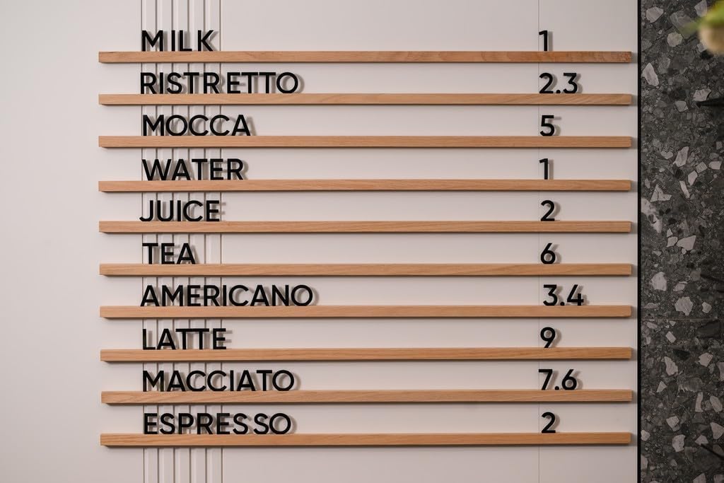 Inko Horeca Wooden Wall Letter Board - Set of 10 Oak Rails + 400 Changeable Black Letters - Floating Wall Menu Display Shelf for Cafe, Bar, Kitchen, and Home Decor