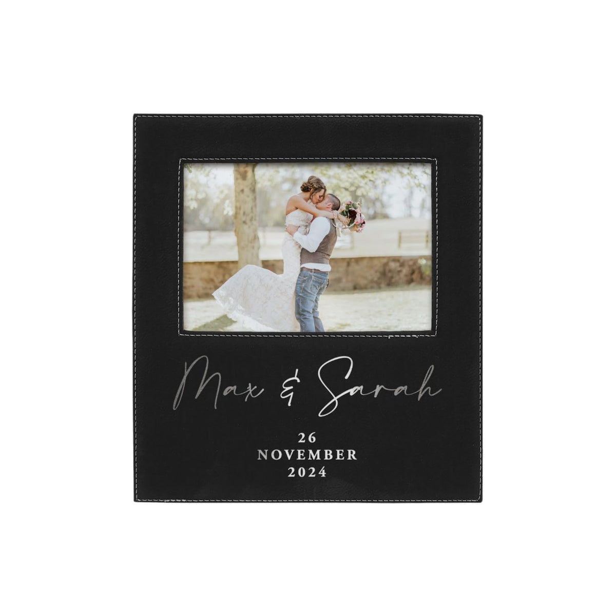 Alterd Industries Customized Picture Frames 8x10 with 4x6 Photo Display - Gift of Anniversary for Couples - Engagement Photo Display Frame with Names - Custom Photo Frame (Script - White/Black - 4x6)