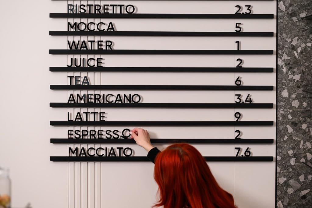 Inko Horeca Wooden Wall Letter Board - Set of 10 Black Oak Rails + 400 Changeable Black Letters - Floating Wall Menu Display Shelf for Cafe, Bar, Kitchen, and Home Decor