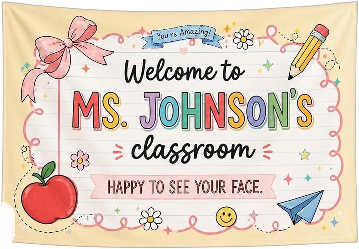 Classroom Tapestry Banner Pink Coquette Welcome Wall Flag Sign School Decor Kindergarten Nursery Teacher Supplies Back to School Cute Classroom Poster Backdrop Bulletin Board Display Decorations