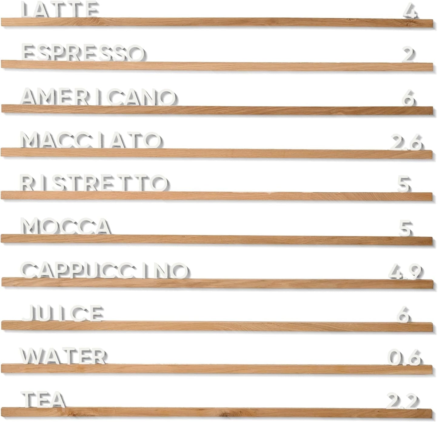 Inko Horeca Wooden Wall Menu Board - 10 Oiled Oak Rails + 400 White Letters - Changeable Letter Shelf Display for Cafe, Restaurant & Home Decor