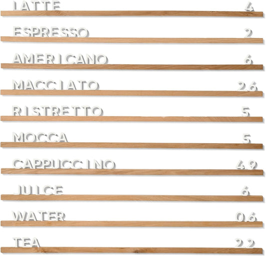 Inko Horeca Wooden Wall Menu Board - 10 Oiled Oak Rails + 400 White Letters - Changeable Letter Shelf Display for Cafe, Restaurant & Home Decor