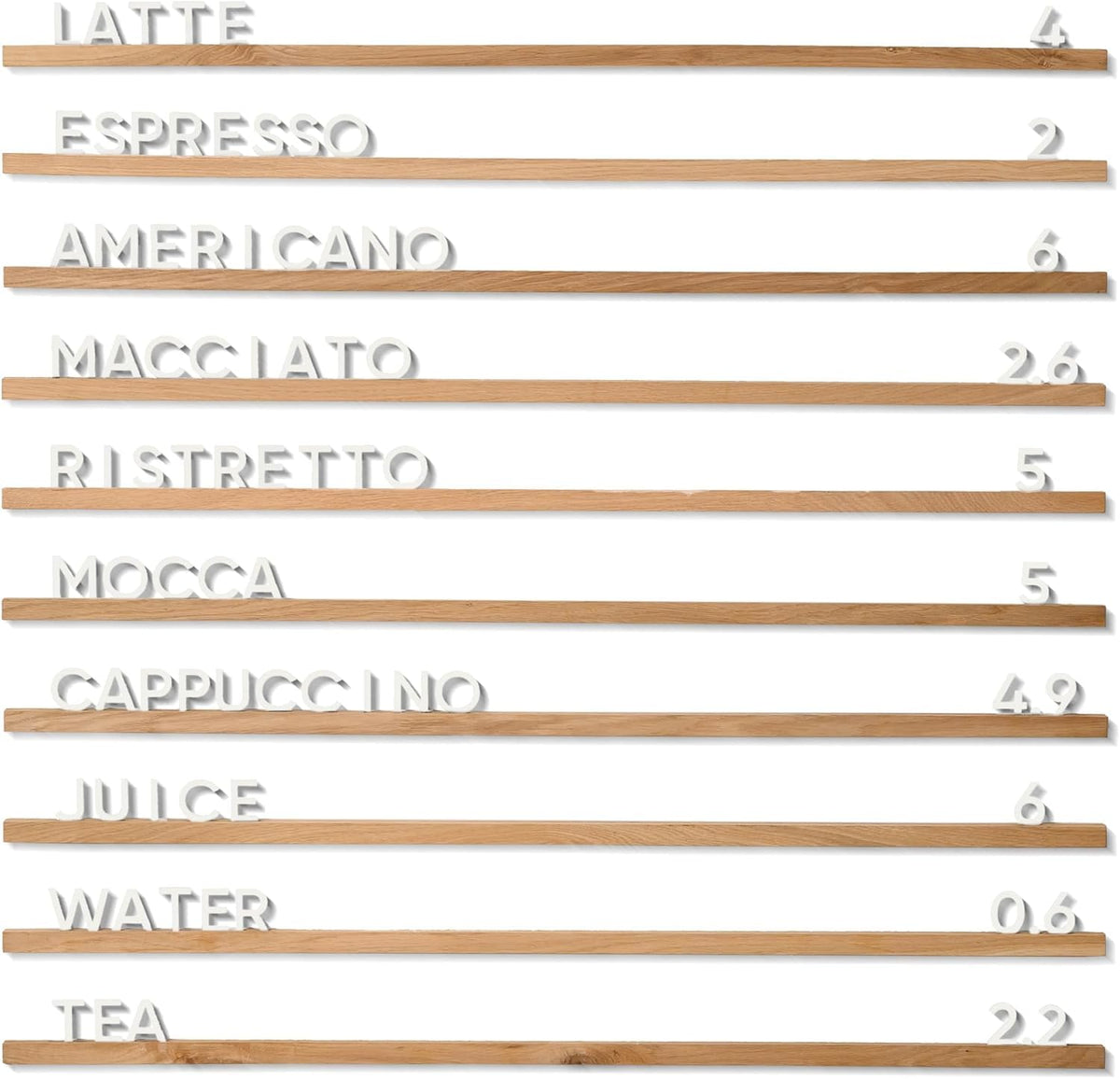 Inko Horeca Wooden Wall Menu Board - 10 Oiled Oak Rails + 400 White Letters - Changeable Letter Shelf Display for Cafe, Restaurant & Home Decor