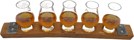 Personalized Laser Engraved Whiskey Glass Flight Tasting Board Holder 3, 4 or 5 Made from a Kentucky Bourbon barrel stave (Glasses Not Included) (5 Glass, English Chestnut)