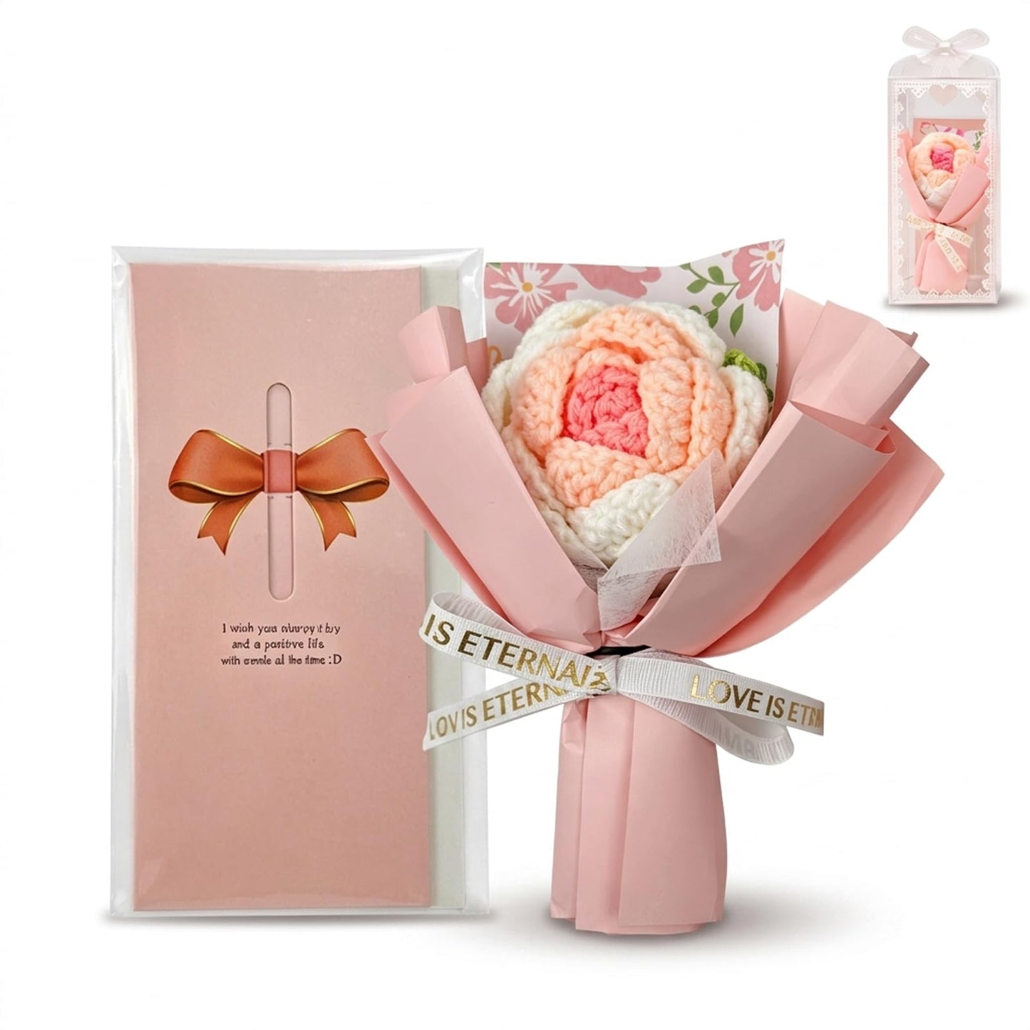 Crochet Flower Bouquet Message Card & PVC Box, Warm Gift for Her, Blue | Add-on-gift
