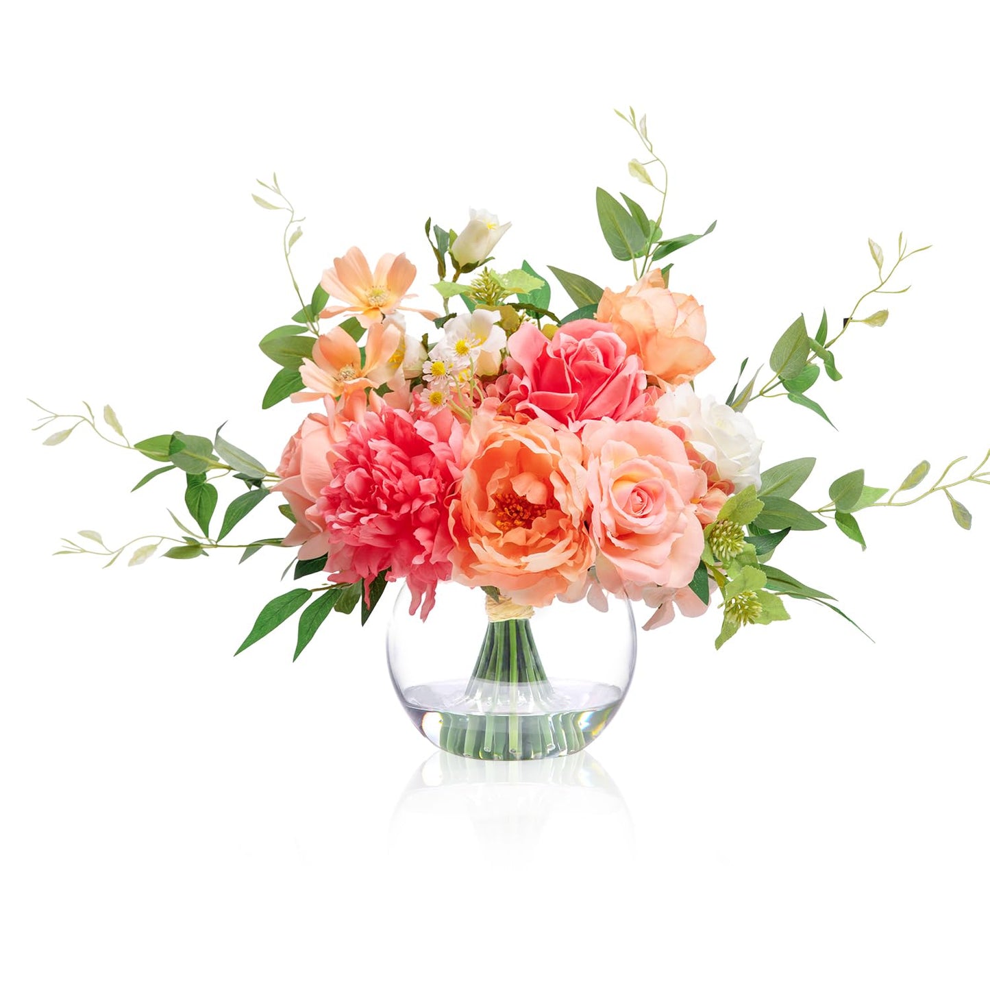 WELL KNOWN Artificial Flowers with Vase, Silk Blue & White Flower Bouquet | Hydrangea Peony in Vase with Faux Water for Home Decor, Fake Tulips Flower Arrangements for Wedding Party Table Centerpieces