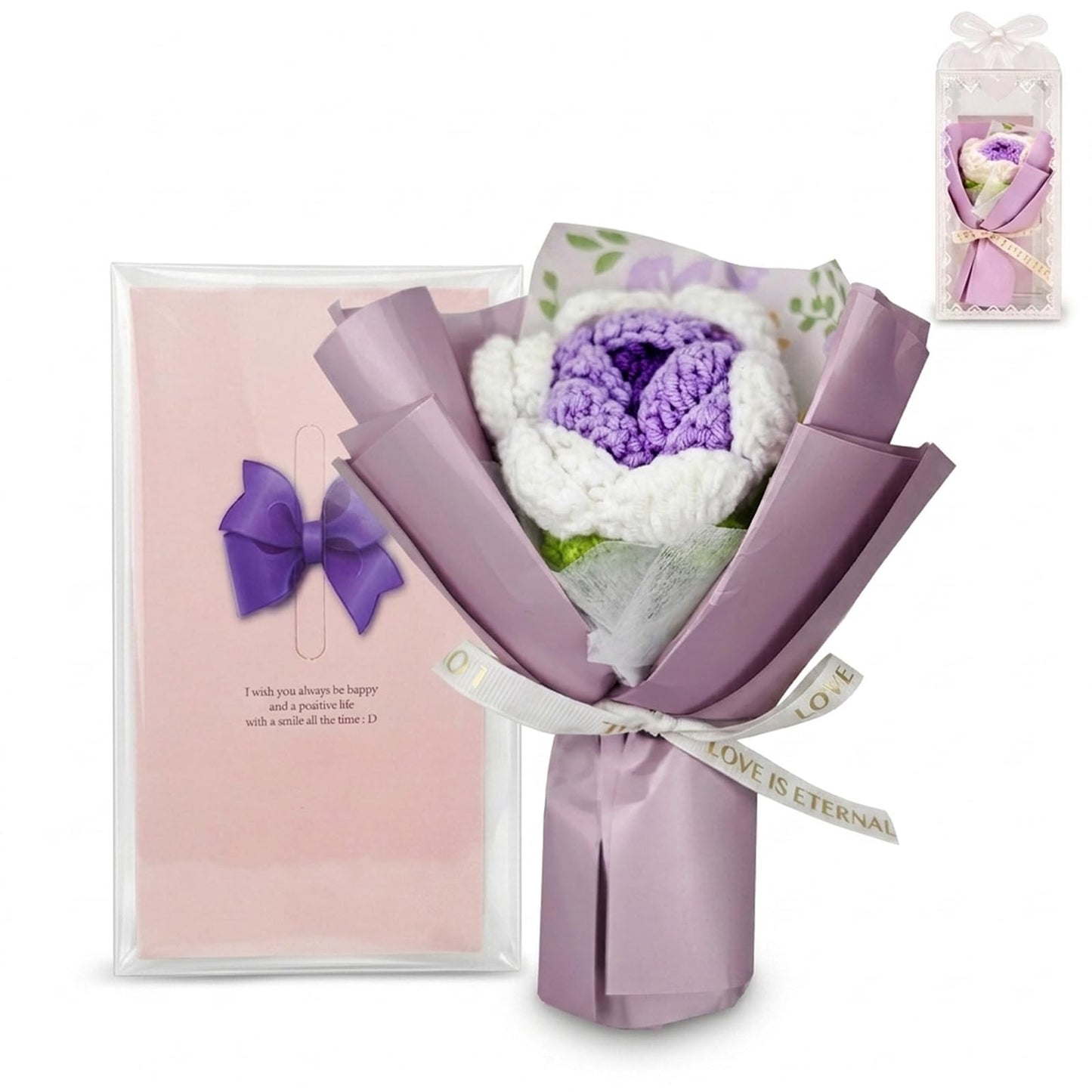 Crochet Flower Bouquet Message Card & PVC Box, Warm Gift for Her, Blue | Add-on-gift