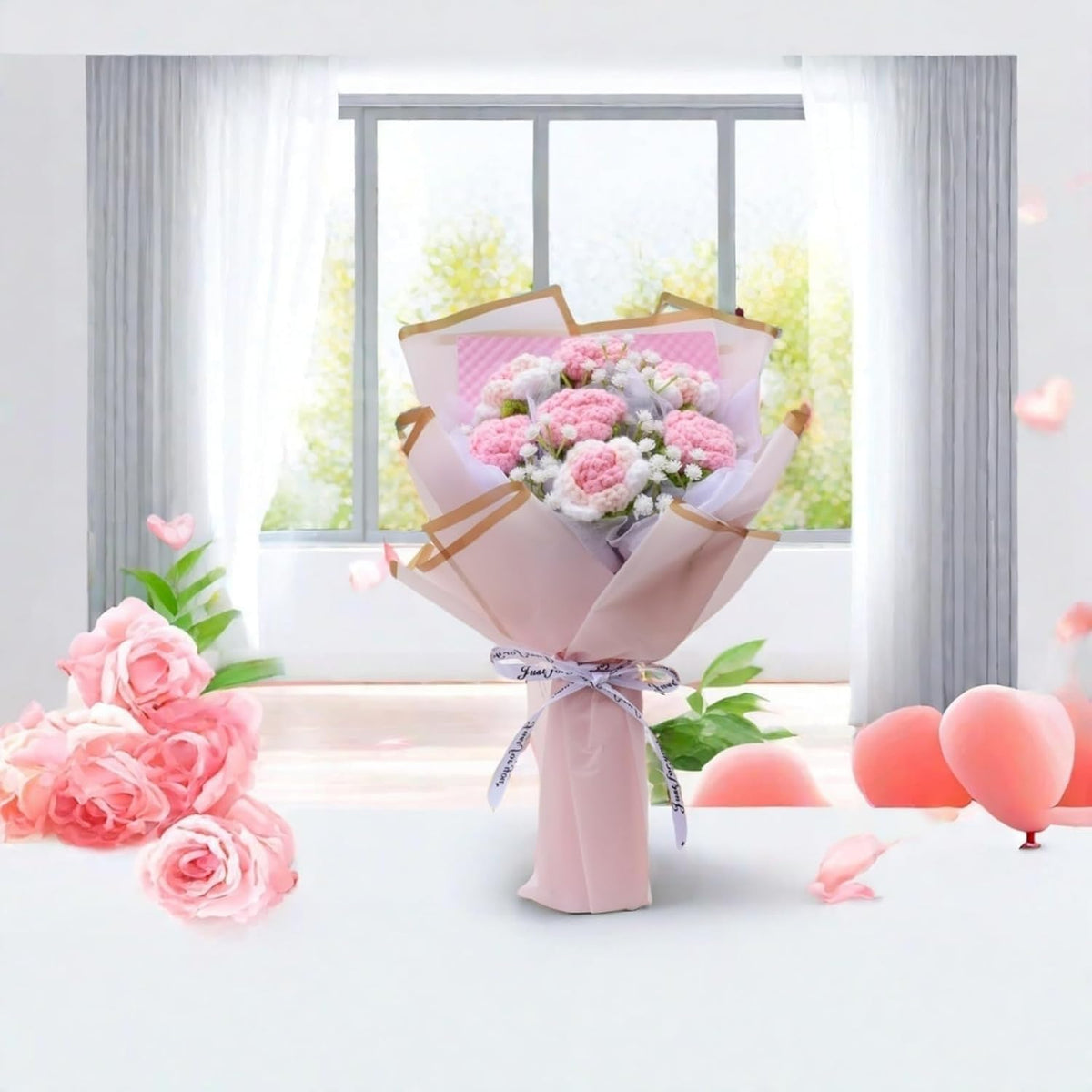 7pcs Crochet Roses Bouquet Pink, Knitted Flowers Bouquet, Preserved Rose Flowers, Artificial Flower Gift for Wife Girlfriend Friend Home Office Decor(Pink-Rose)