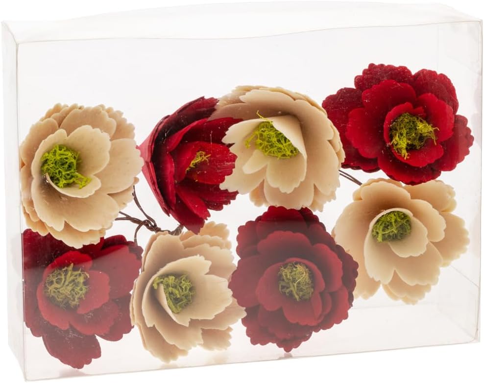 Boston International Faux Floral Wood Curl Flowers with Wire Stems Floral Decorations for Home, Set of 8, Red & Natural