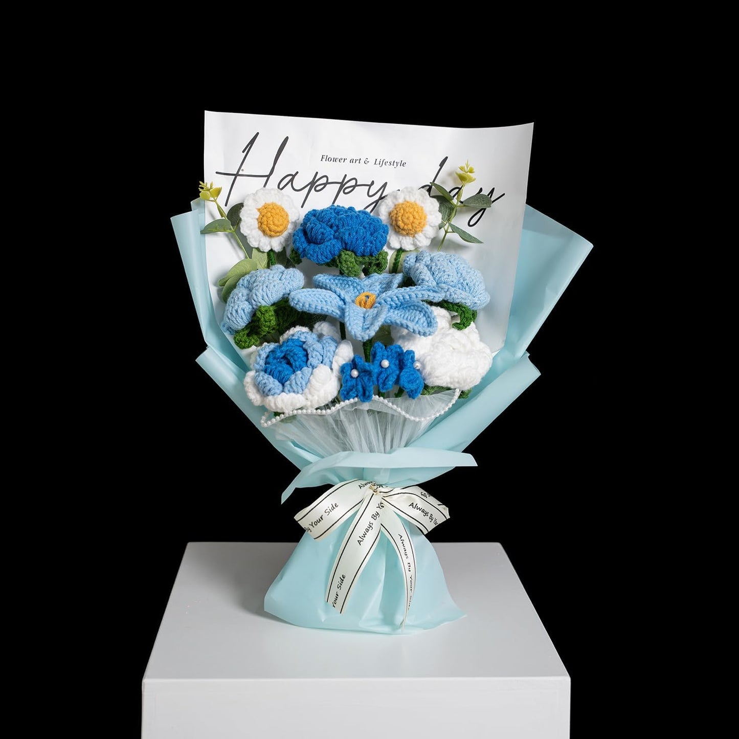 Completed Blue Crochet Flowers Bouquet, Handmade Knitted Bouquet, Crochet Artificial Flowers for Mother's Day, Graduation, Birthday, Wedding, Home Decor, Gifts (Blue Rose)