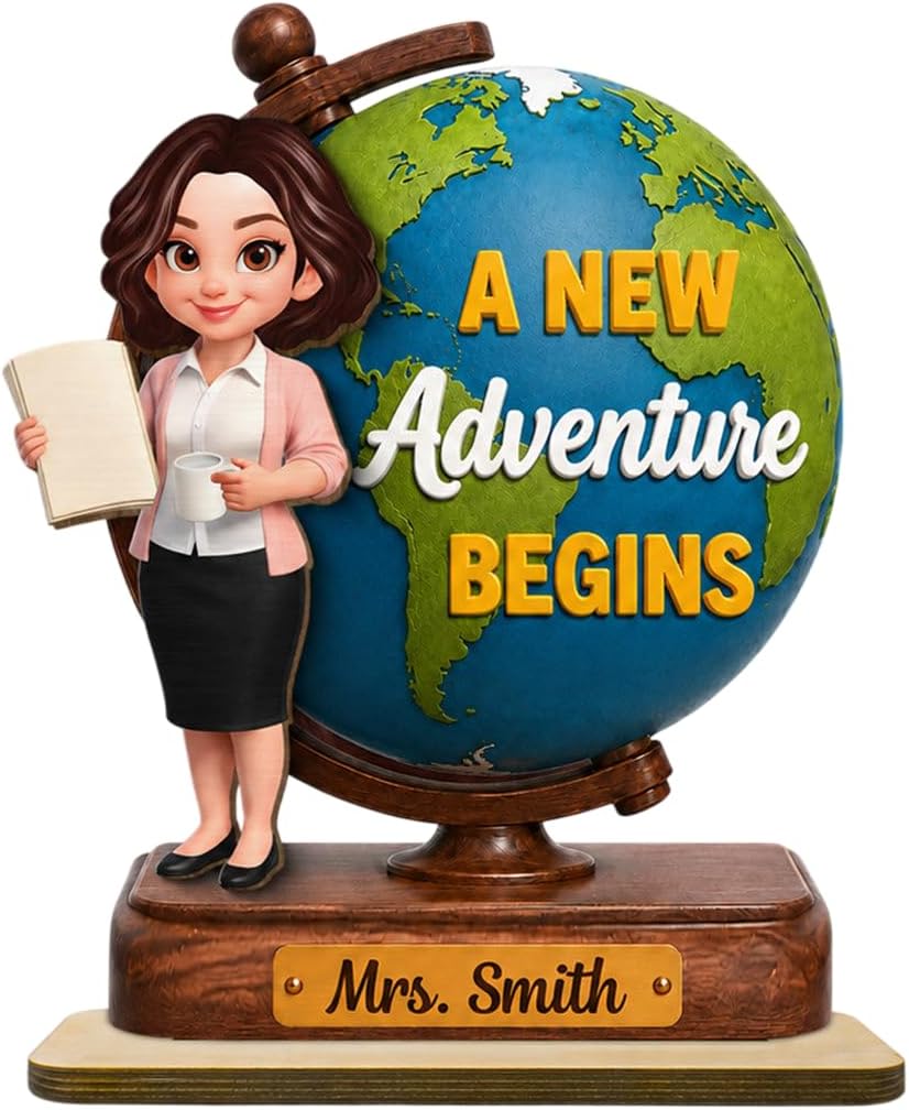 Teacher World Globe 2D Flat - Personalized Wooden Plaque - Back To School Gift Classroom Desktop Board Sign Appreciation End Of Year Presentation Faculty Educator Mentor Desk Display