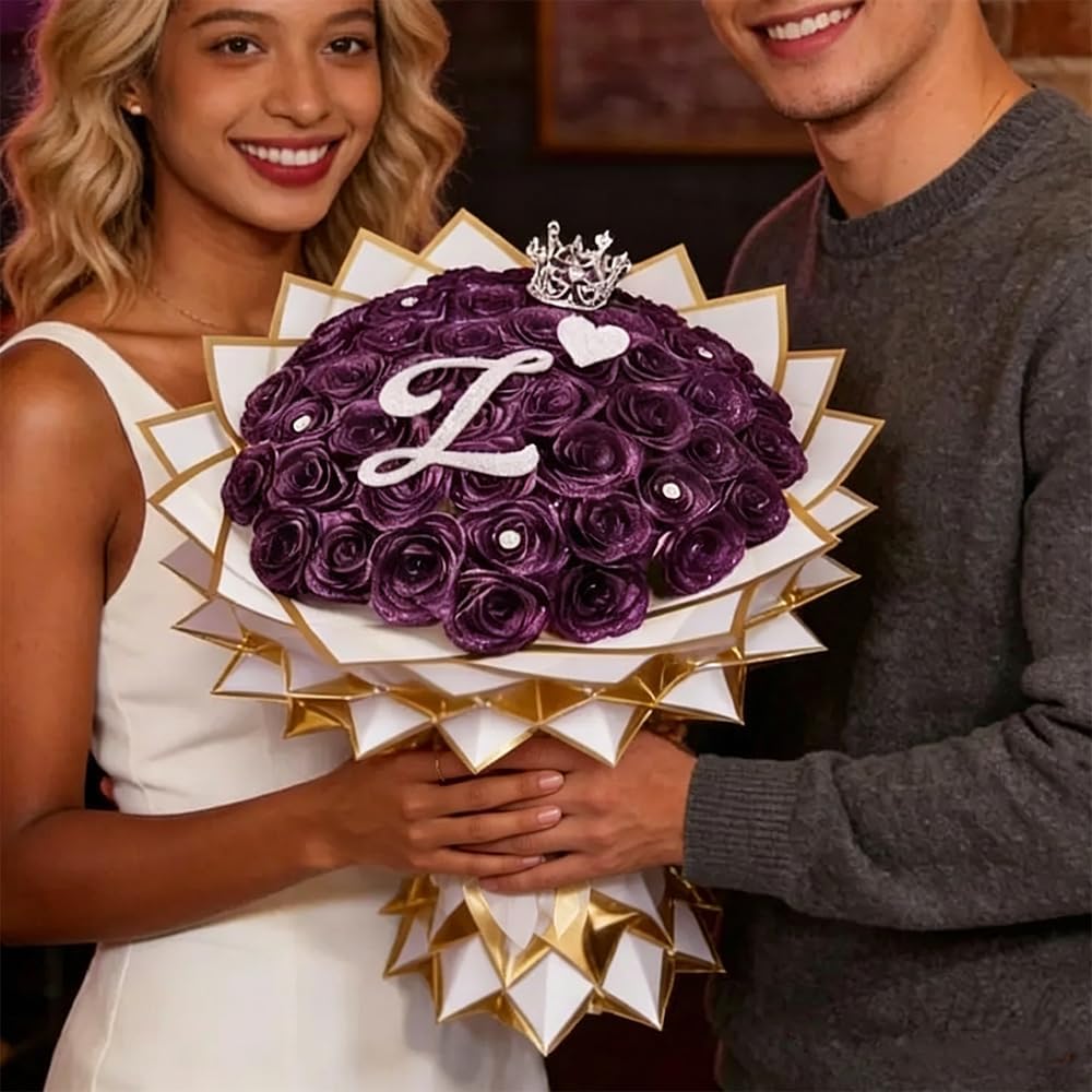 7 Colors Custom Glitter Rose Bouquet with Letter, DIY Sparkly Artificial Roses, Personalized Everlasting Flower Gift for Couples, Wedding, Anniversary, Valentine’s Day (Choose Color)