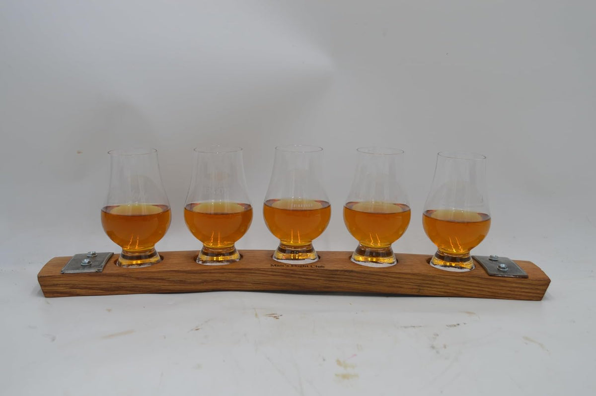 Personalized Laser Engraved Whiskey Glass Flight Tasting Board Holder 3, 4 or 5 Made from a Kentucky Bourbon barrel stave (Glasses Not Included) (5 Glass, English Chestnut)