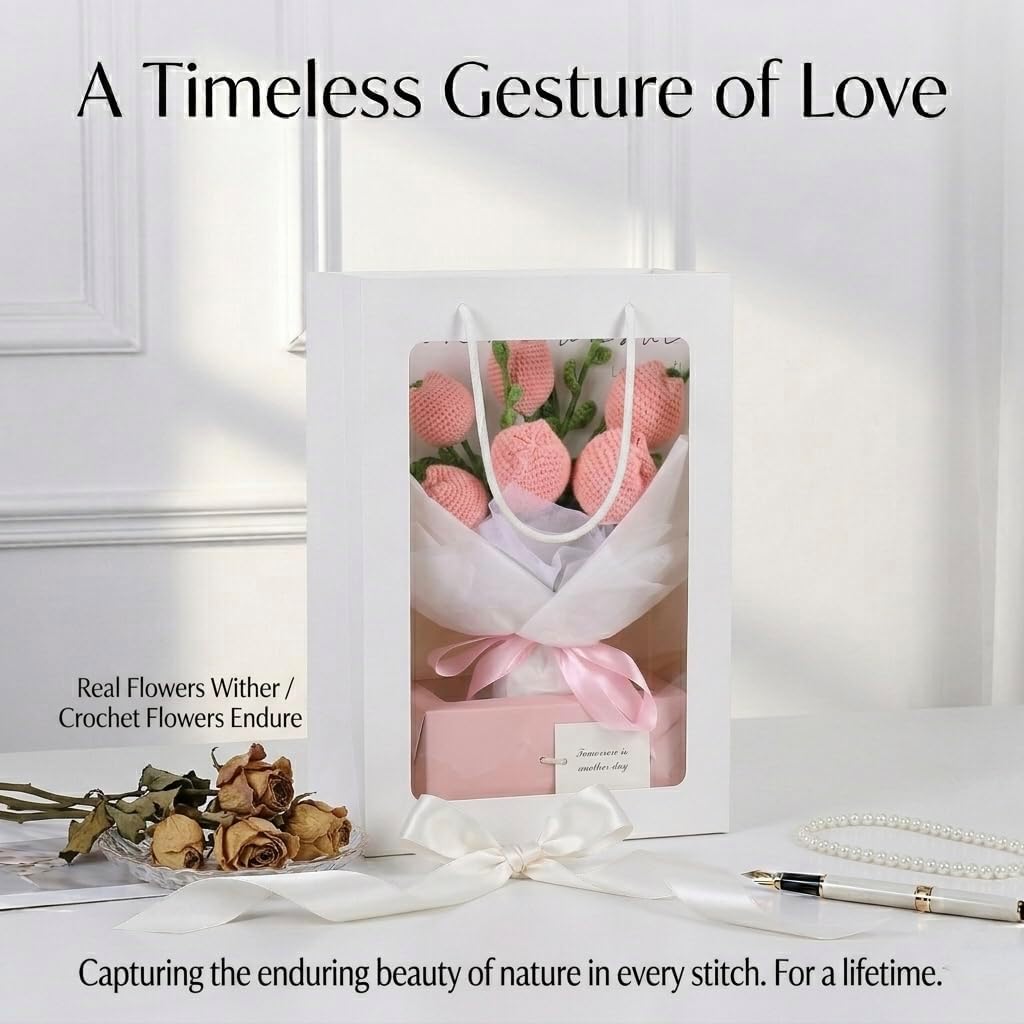 Handmade Crochet Tulip Bouquet – Pollen with Gift Box | Artificial Flowers with 6 hand-knitted flowers, 11-inch trimmable length fits any vase, pollen-free, ready-to-gift packaging.