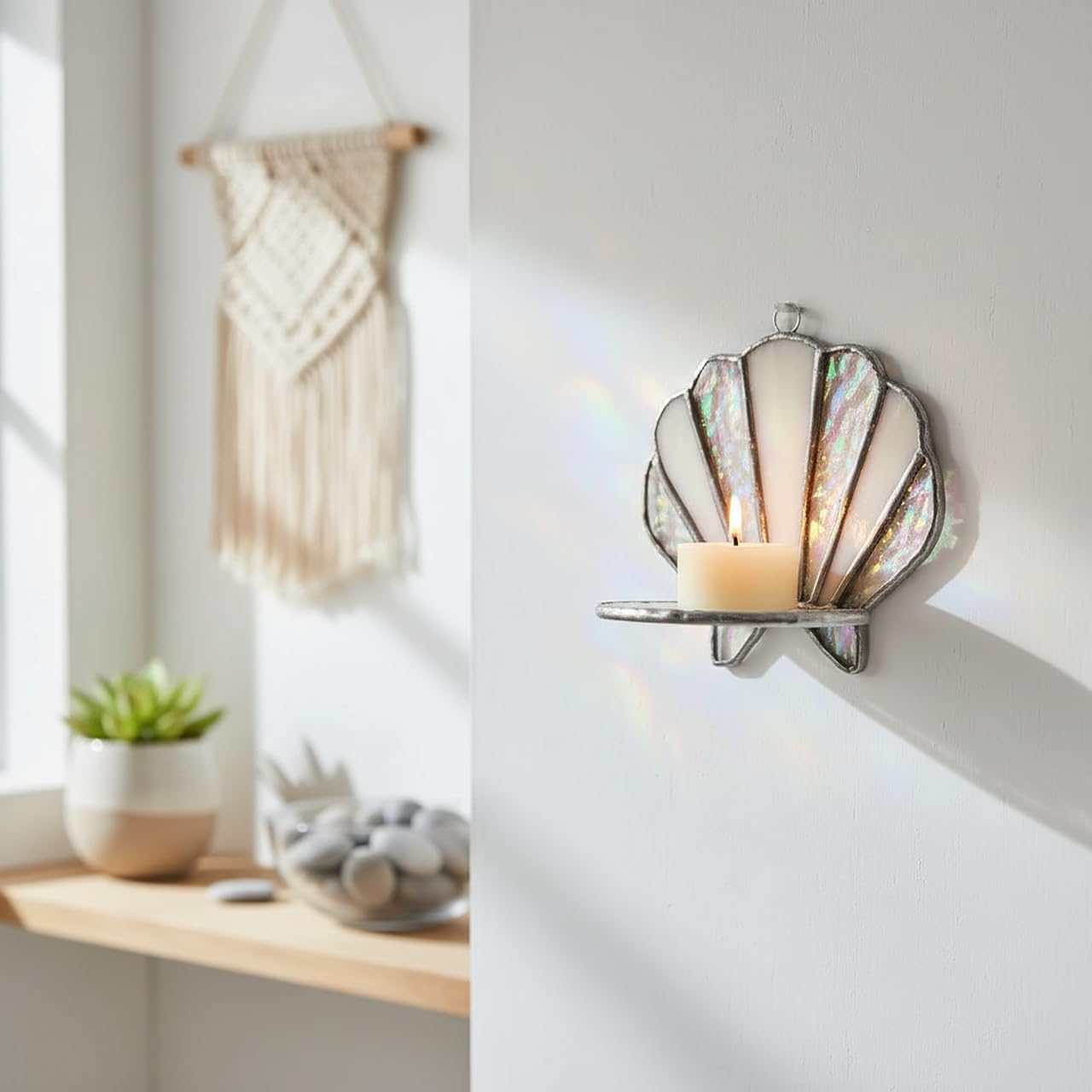 Handmade Stained Glass Seashell Candle Holder, Tiffany Style Glass Suncatcher Wall Sconce, Art Decorative Candlestick for Home Bathroom Living Room Beach House Ornament, Ideal Holiday Birthday Gift