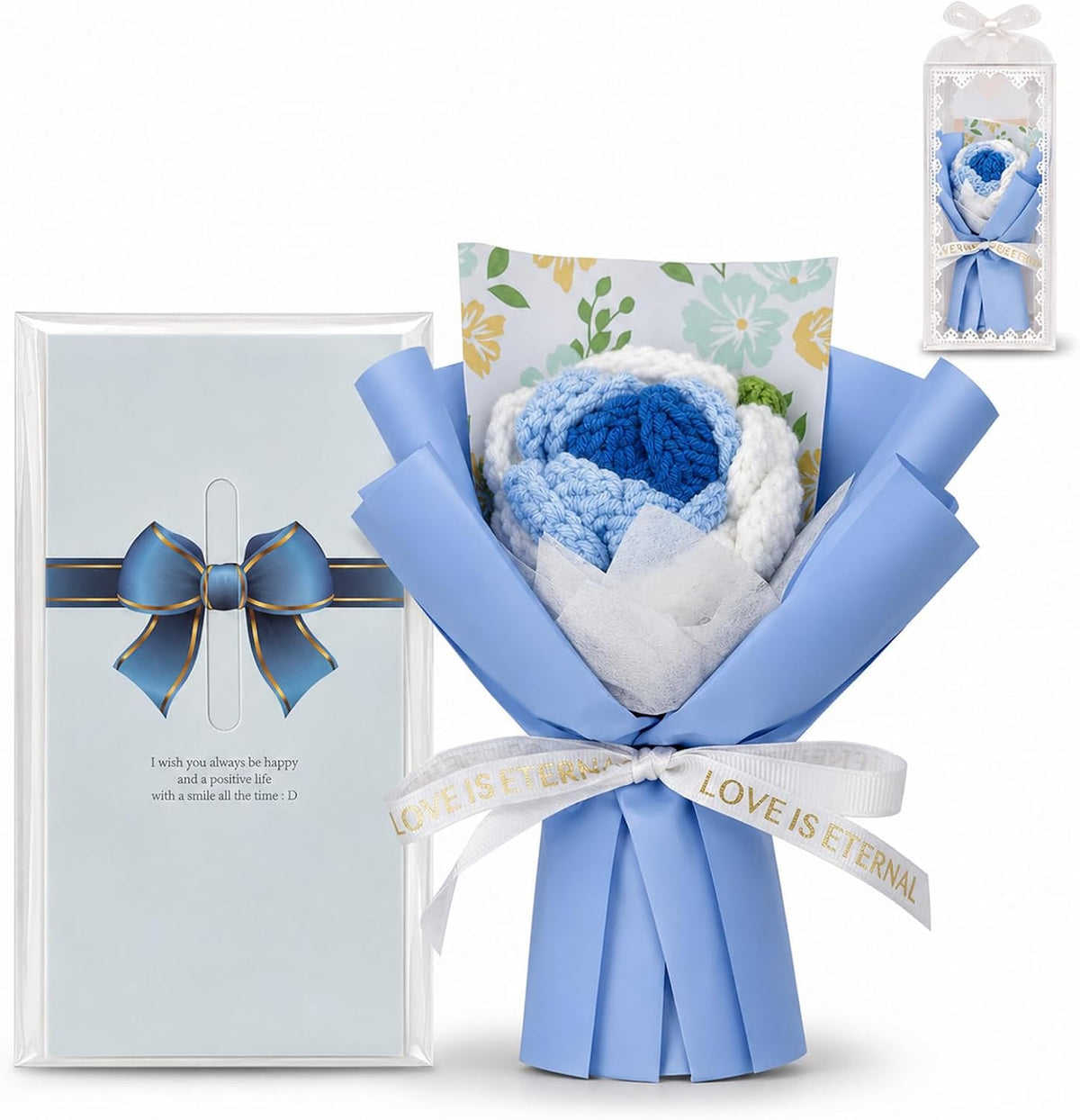 Crochet Flower Bouquet Message Card & PVC Box, Warm Gift for Her, Blue | Add-on-gift