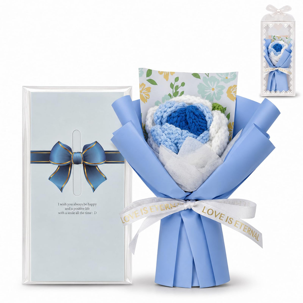 Crochet Flower Bouquet Message Card & PVC Box, Warm Gift for Her, Blue | Add-on-gift