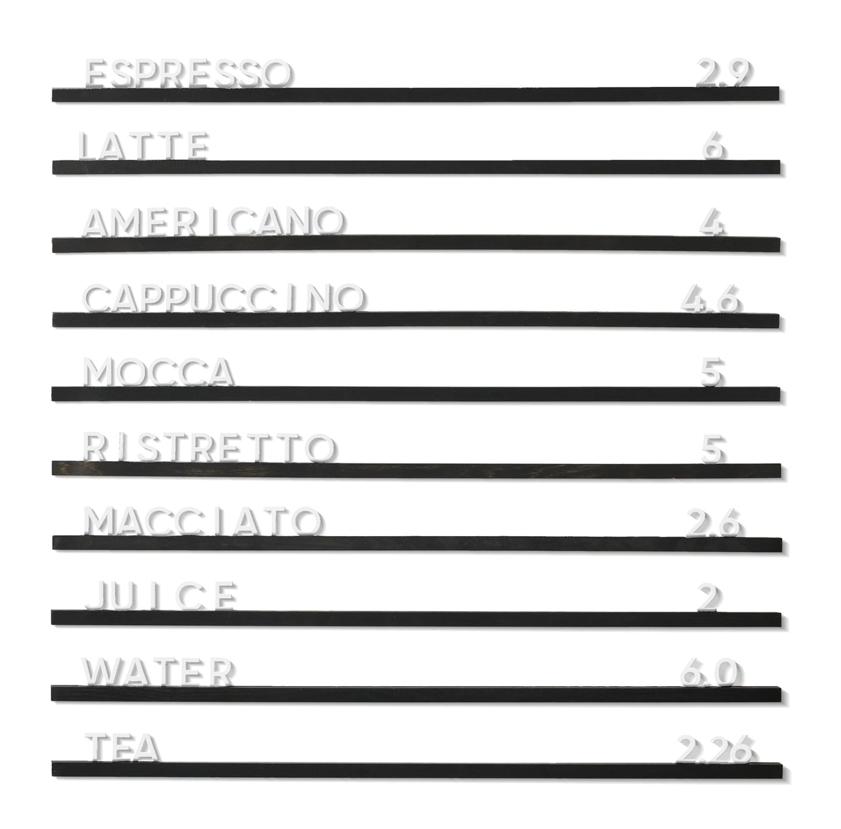 Inko Horeca Wooden Wall Letter Board - Set of 10 Black Oak Rails + 400 Changeable Black Letters - Floating Wall Menu Display Shelf for Cafe, Bar, Kitchen, and Home Decor