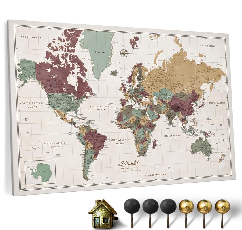 Canvas World Map with Cork Pin Board - English Lettering - Decorative Wall Decoration for All Rooms - Canvas Pictures with World Map Motif (70x50 cm, Pattern 20)