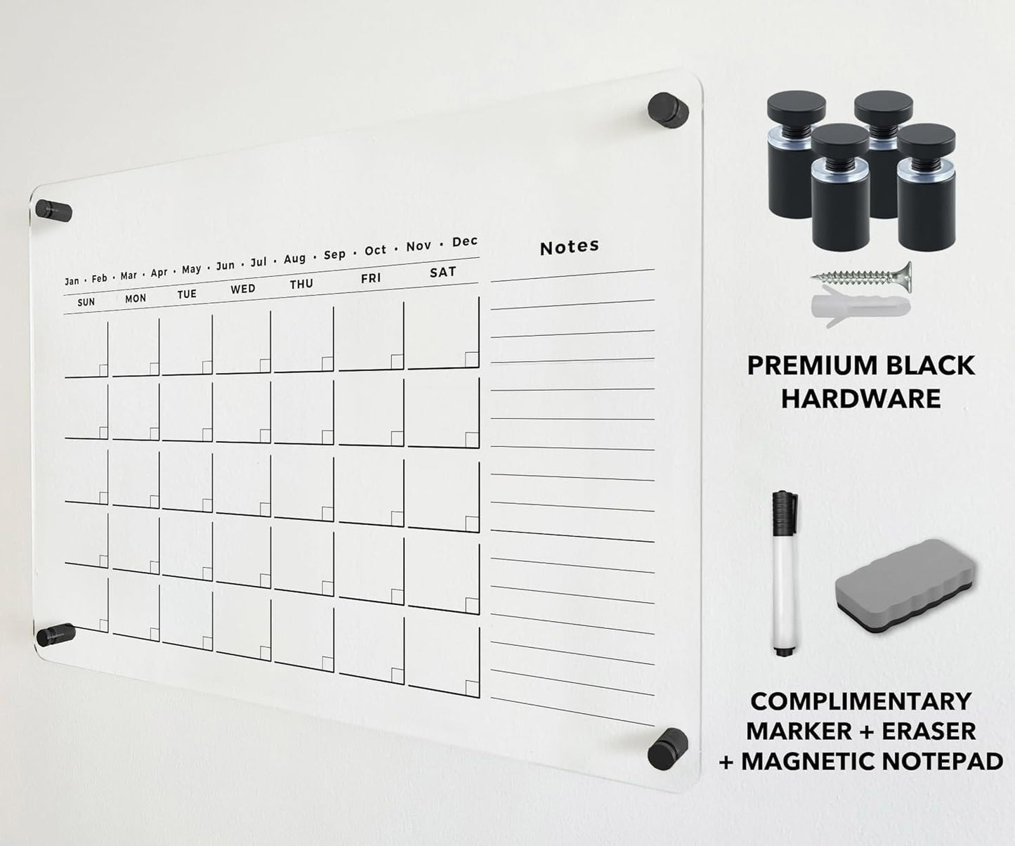 Oversize Acrylic Premium Calendar for Wall - Home Office Monthly Glass - Customizable Thick Clear Dry Erase Board - Calendar 2026 Dry Erase Planner (Black Standoff, 24"x18" (Regular))