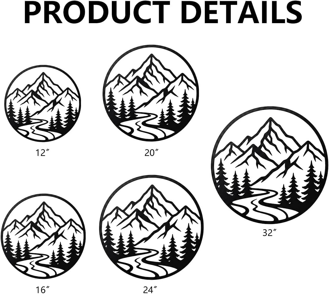 Mountain Forest Metal Wall Art, Black Silhouette Decor (Black,32 inch) | Open cutout artwork, clean decorative accent for living rooms, bedrooms, entryways, offices and studios, alone or grouped