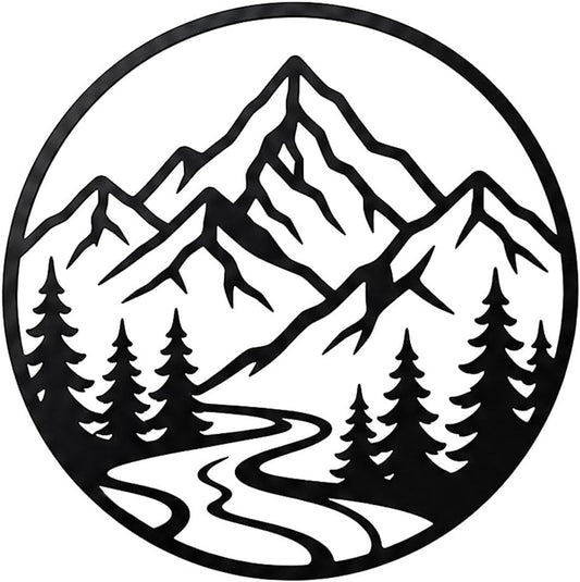 Mountain Forest Metal Wall Art, Black Silhouette Decor (Black,32 inch) | Open cutout artwork, clean decorative accent for living rooms, bedrooms, entryways, offices and studios, alone or grouped