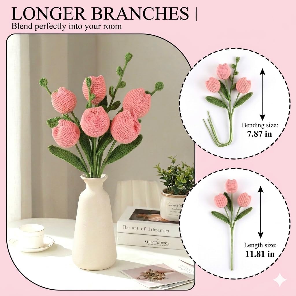 Handmade Crochet Tulip Bouquet – Pollen with Gift Box | Artificial Flowers with 6 hand-knitted flowers, 11-inch trimmable length fits any vase, pollen-free, ready-to-gift packaging.