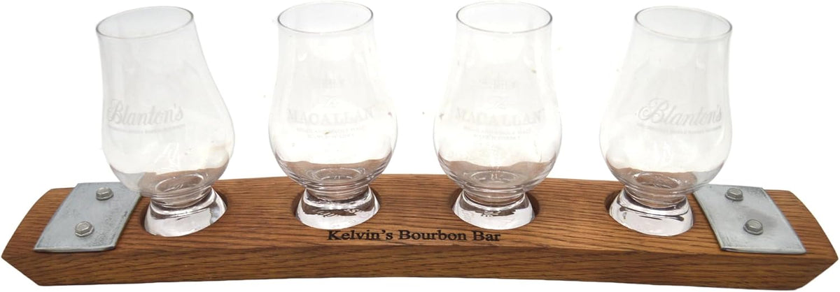 Personalized Laser EngravedWhiskey Glass Whiskey Flight Tasting Board Holder 3, 4 or 5 Made from a Kentucky Bourbon barrel stave (Glasses Not Included) (4 Glass, English Chestnut)