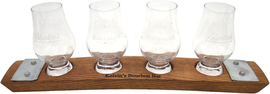 Personalized Laser EngravedWhiskey Glass Whiskey Flight Tasting Board Holder 3, 4 or 5 Made from a Kentucky Bourbon barrel stave (Glasses Not Included) (4 Glass, English Chestnut)