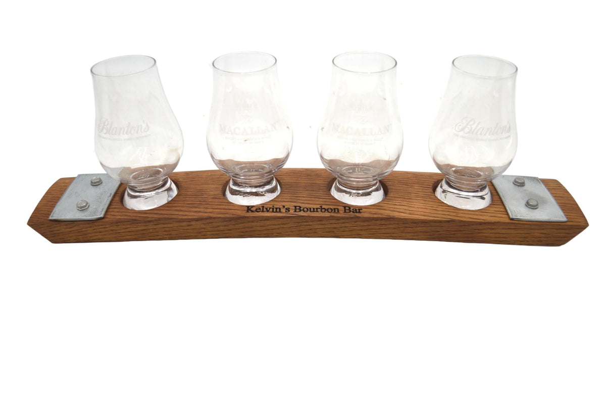 Personalized Laser Engraved Whiskey Glass Flight Tasting Board Holder 3, 4 or 5 Made from a Kentucky Bourbon barrel stave (Glasses Not Included) (5 Glass, English Chestnut)
