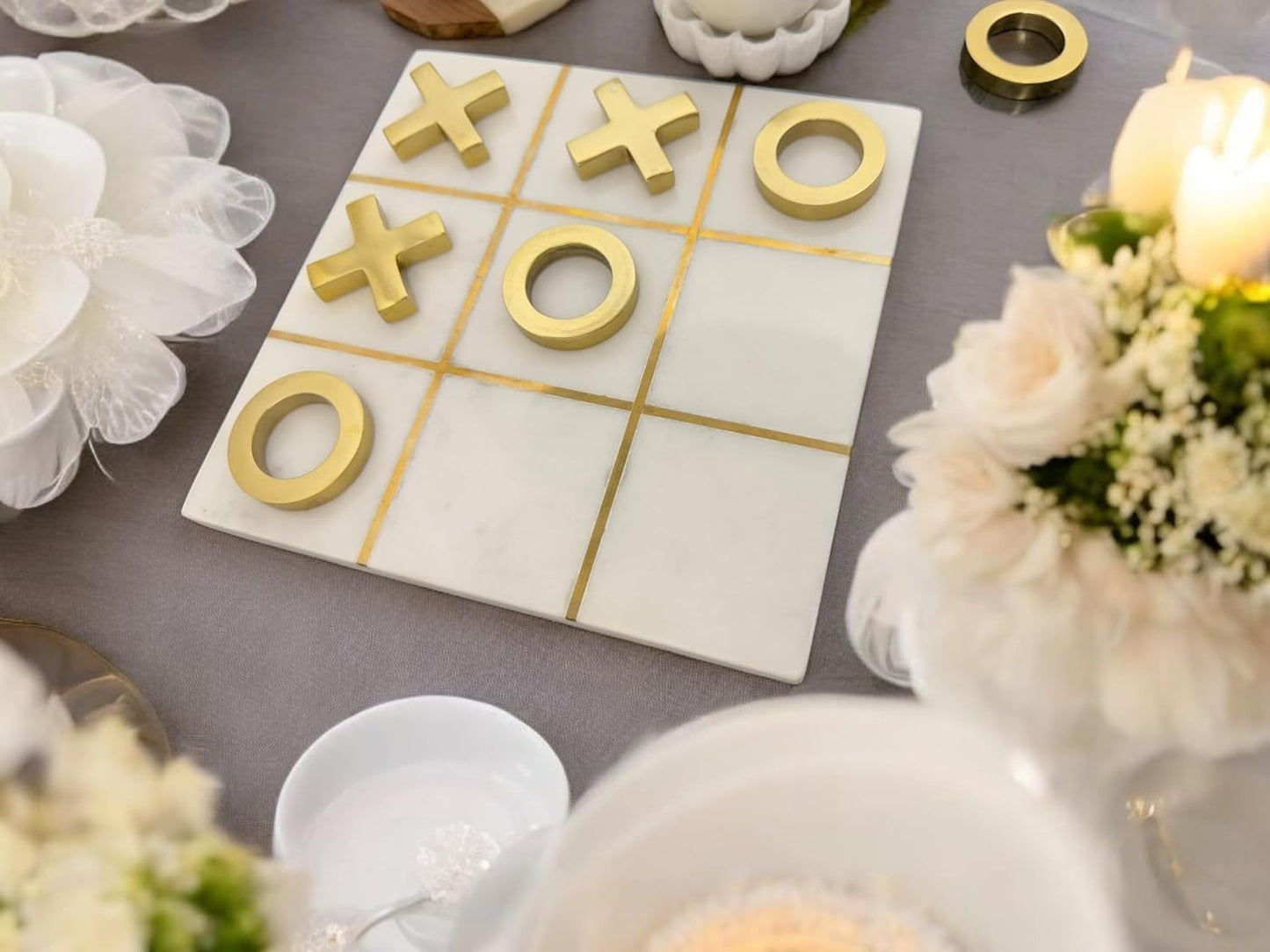 Varenthe HOME Tic Tac Toe Marble Game Board Classic Coffee Table Decor Modern Marble Travel Game for Family, White & Gold