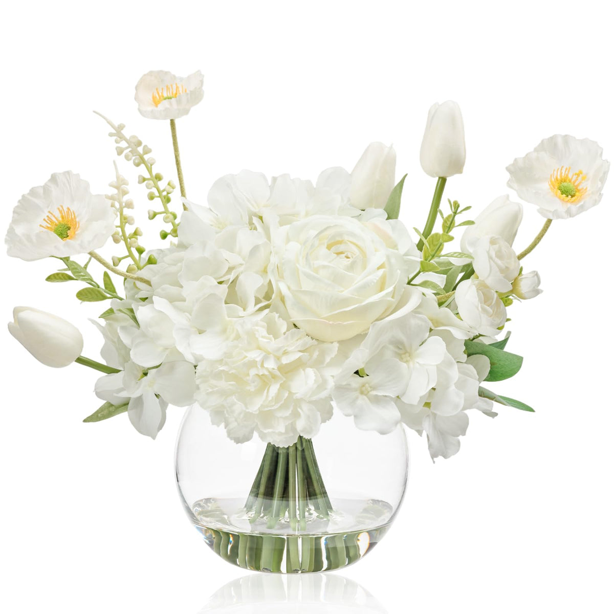 WELL KNOWN Artificial Flowers with Vase, Silk Blue & White Flower Bouquet | Hydrangea Peony in Vase with Faux Water for Home Decor, Fake Tulips Flower Arrangements for Wedding Party Table Centerpieces