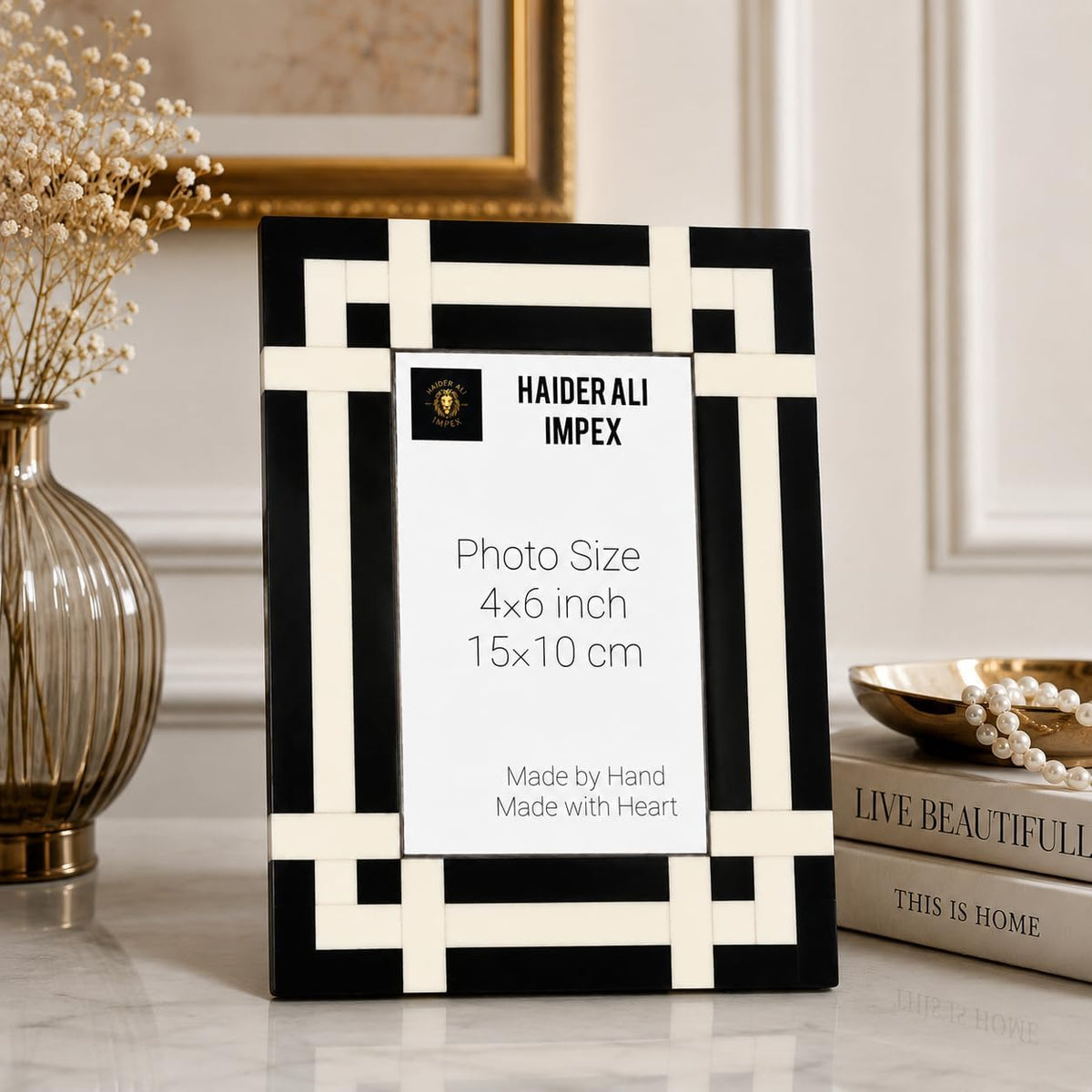 Handmade Bone Inlay Picture Frame 4x6 - Black and White Checkered Photo Frame for Tabletop & Wall Display - Geometric Checkerboard Frame for Boho Decor