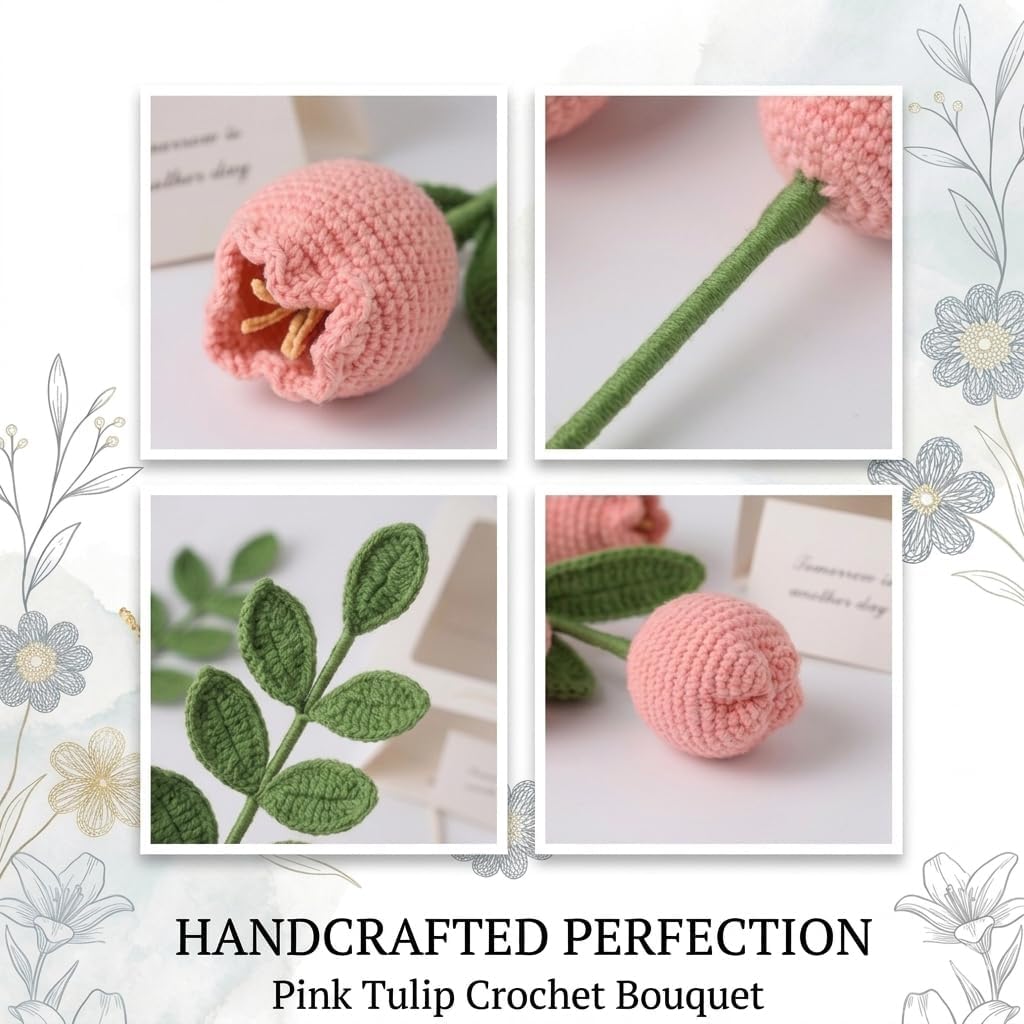 Handmade Crochet Tulip Bouquet – Pollen with Gift Box | Artificial Flowers with 6 hand-knitted flowers, 11-inch trimmable length fits any vase, pollen-free, ready-to-gift packaging.