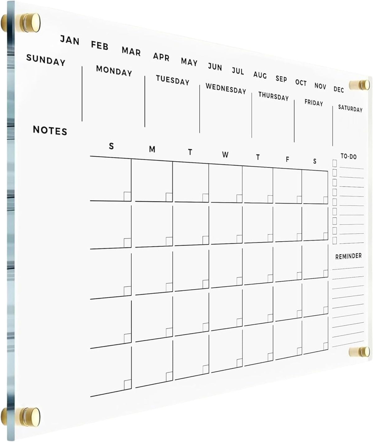 Weekly Premium Large Glass Calendar - Reusable Board for Office and Home - Dry Erase Board - Acrylic Wall Calendar w Marker (Gold Standoff, 24”x18” (Regular))