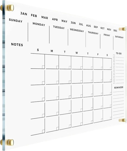 Weekly Premium Large Glass Calendar - Reusable Board for Office and Home - Dry Erase Board - Acrylic Wall Calendar w Marker (Gold Standoff, 24”x18” (Regular))