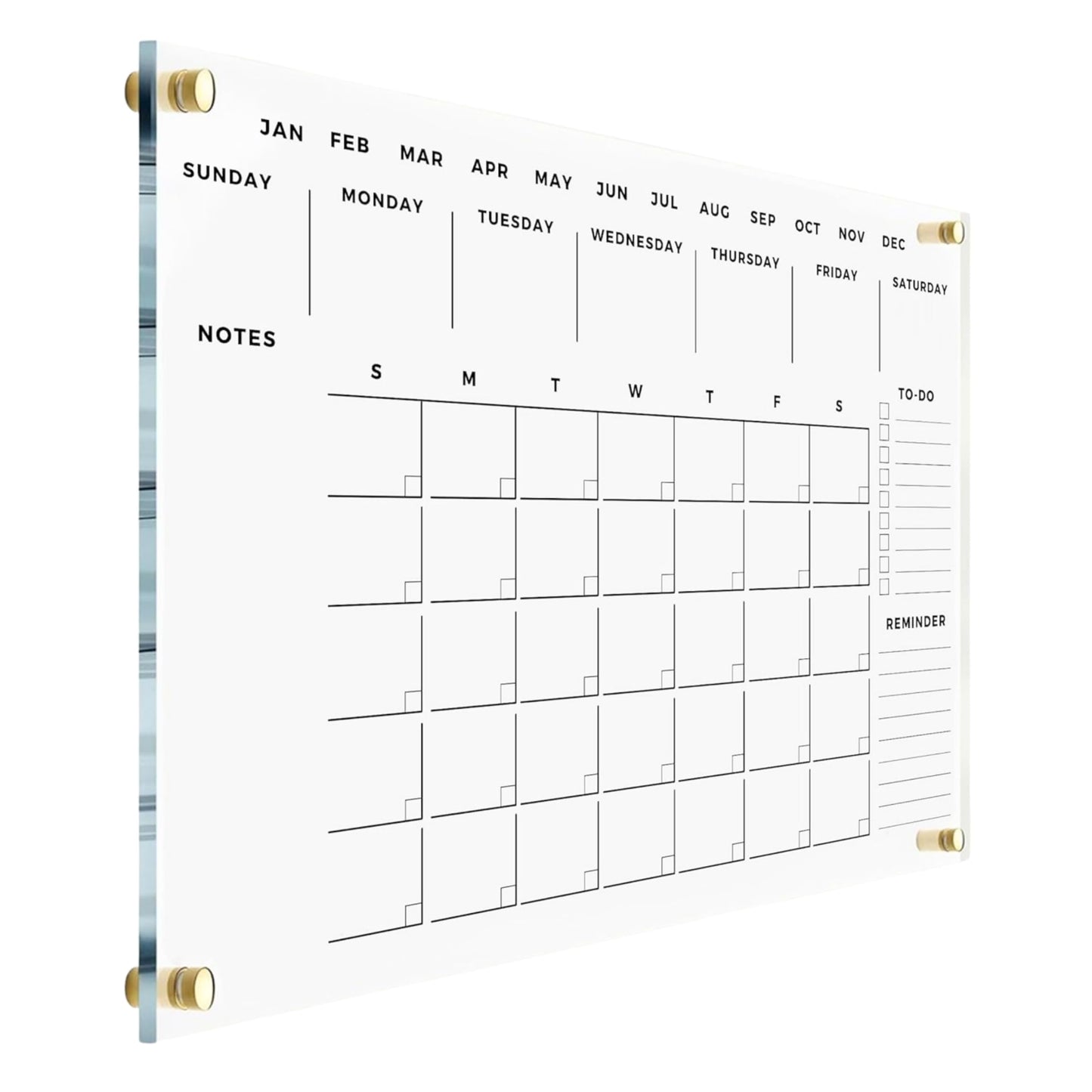 Weekly Premium Large Glass Calendar - Reusable Board for Office and Home - Dry Erase Board - Acrylic Wall Calendar w Marker (Gold Standoff, 24”x18” (Regular))