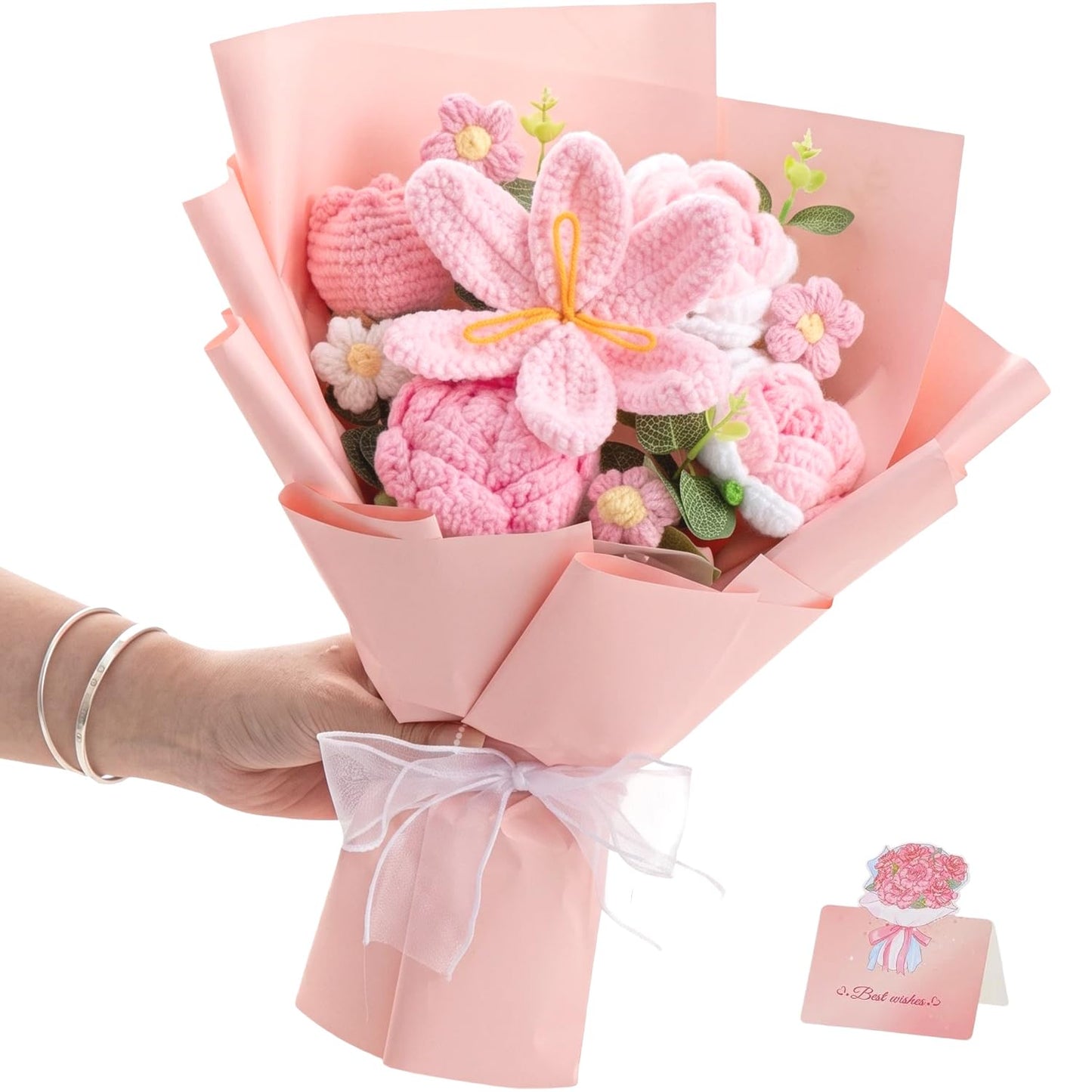 Crochet Flower Bouquet, Handmade BlueTulip Rose Gift for Women(with Card) | Skin-Friendly Odor-Free Yarn, Everlasting No Watering Needed,Vivid Full-Bloom Shape, Ideal Gift For Mom, Daughter & Sister