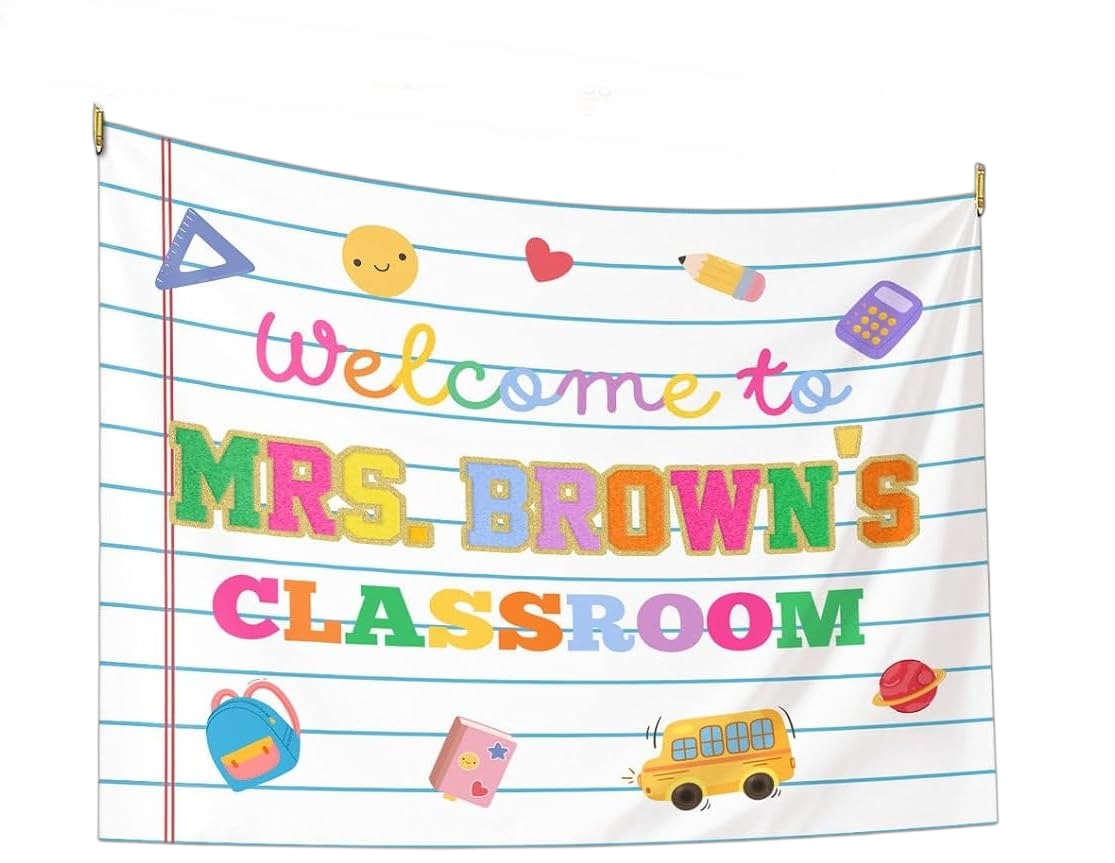 Classroom Tapestry Cute Grid Border Globe Pencil Poster Decor for School Teachers Bulletin Board Banner Composition Notebook Pattern Wall Art for Back to School Teacher Appreciation Classroom Decoration