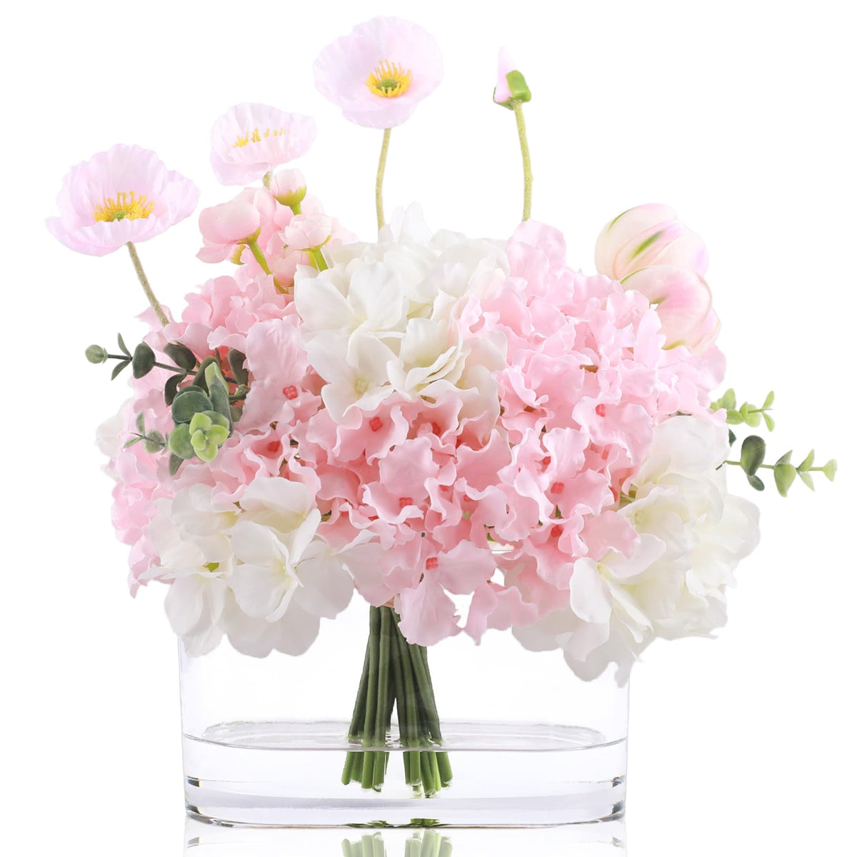 WELL KNOWN Artificial Flowers with Vase, Silk Blue & White Flower Bouquet | Hydrangea Peony in Vase with Faux Water for Home Decor, Fake Tulips Flower Arrangements for Wedding Party Table Centerpieces