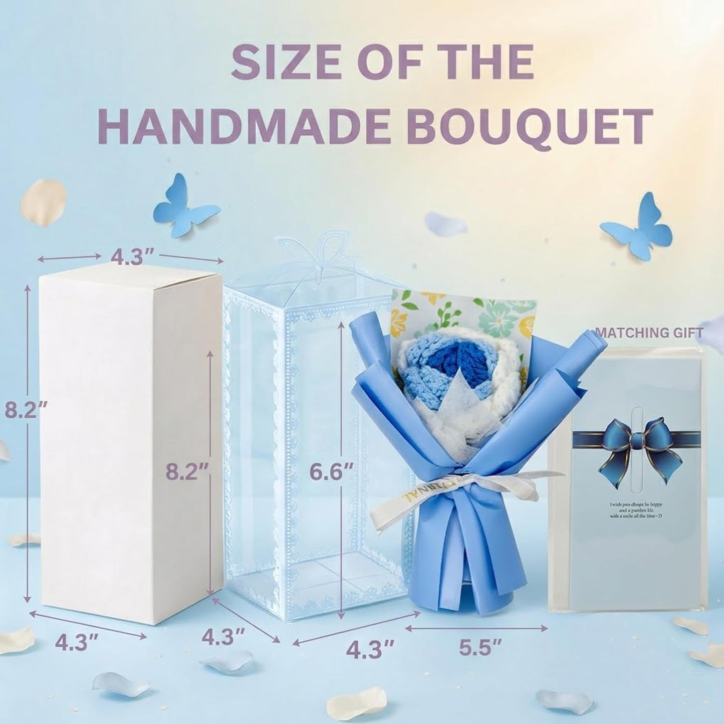Crochet Flower Bouquet Message Card & PVC Box, Warm Gift for Her, Blue | Add-on-gift