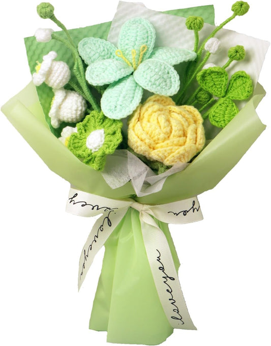 Handmade Knitted Flowers Bouquet,Crochet Rose Flower &Knitted Lily Bouquet with Lily of The Valley,Artificial Bouquet for Home Decor,Wedding, Anniversary, Birthday, Graduation (Green Spring)