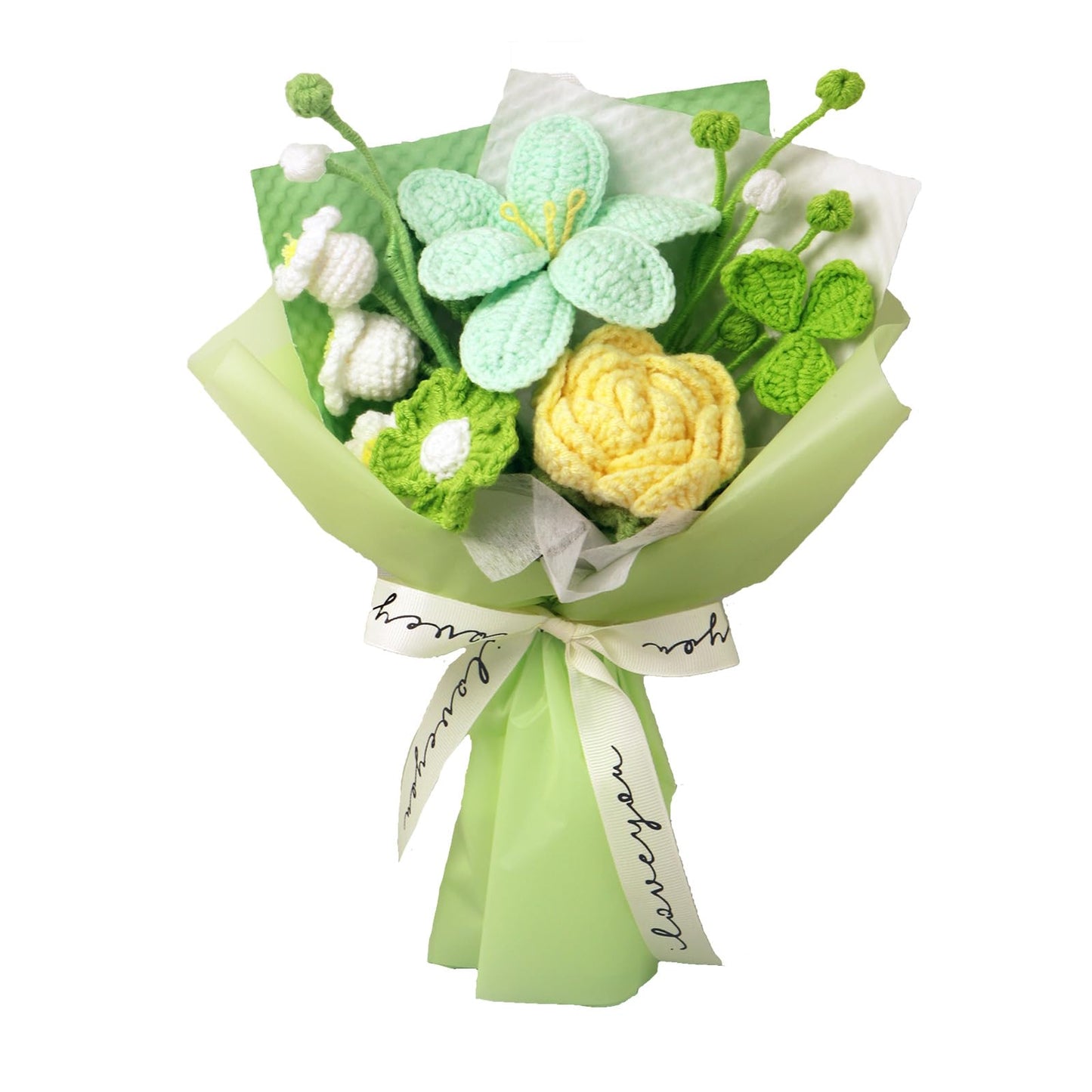 Handmade Knitted Flowers Bouquet,Crochet Rose Flower &Knitted Lily Bouquet with Lily of The Valley,Artificial Bouquet for Home Decor,Wedding, Anniversary, Birthday, Graduation (Green Spring)