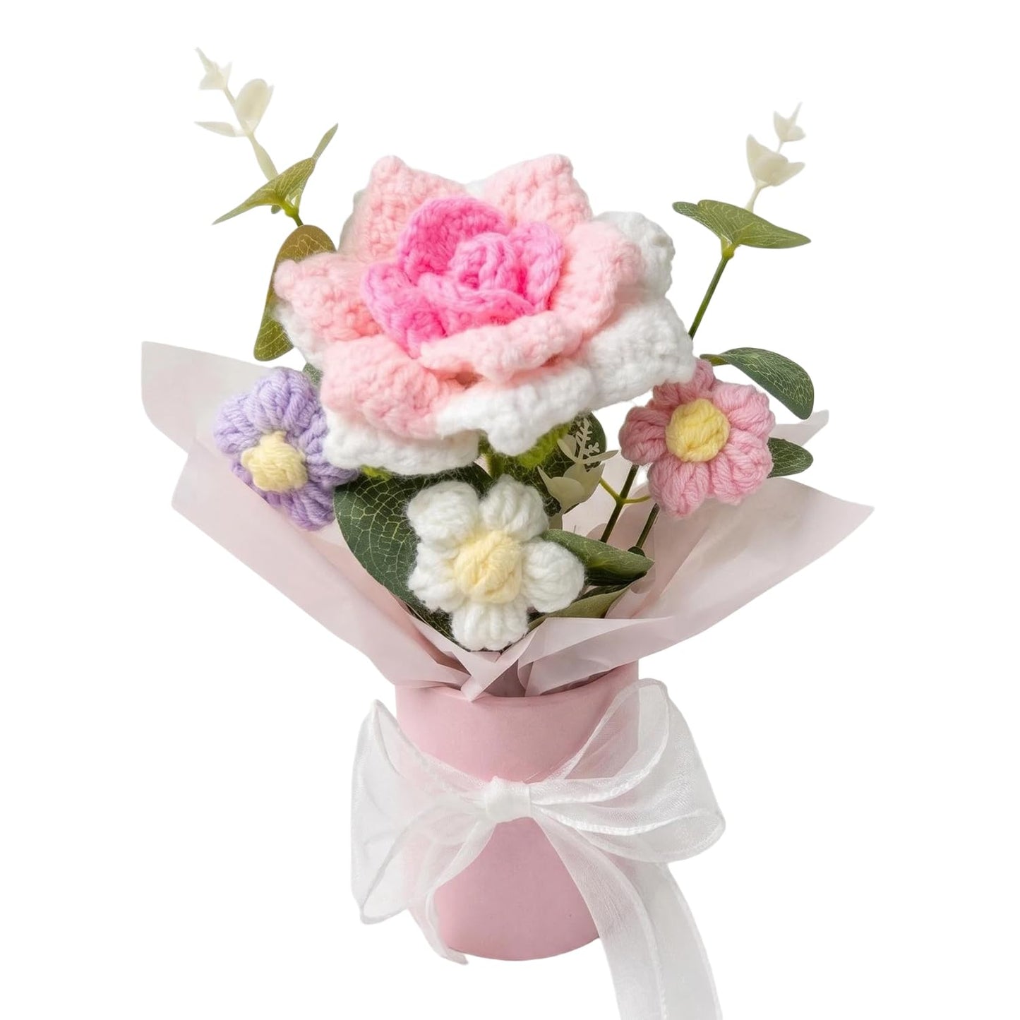 Crochet Pink Flower Bouquet, Small Handmade Desktop Decor Gifts For Women | Skin-friendly, Odor-free yarn, Pollen-free, Hypoallergenic, Great for Birthday, Mother's Day, Daughter & Grandma Gifts