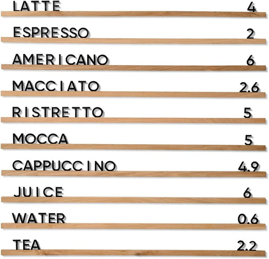 Inko Horeca Wooden Wall Letter Board - Set of 10 Oak Rails + 400 Changeable Black Letters - Floating Wall Menu Display Shelf for Cafe, Bar, Kitchen, and Home Decor