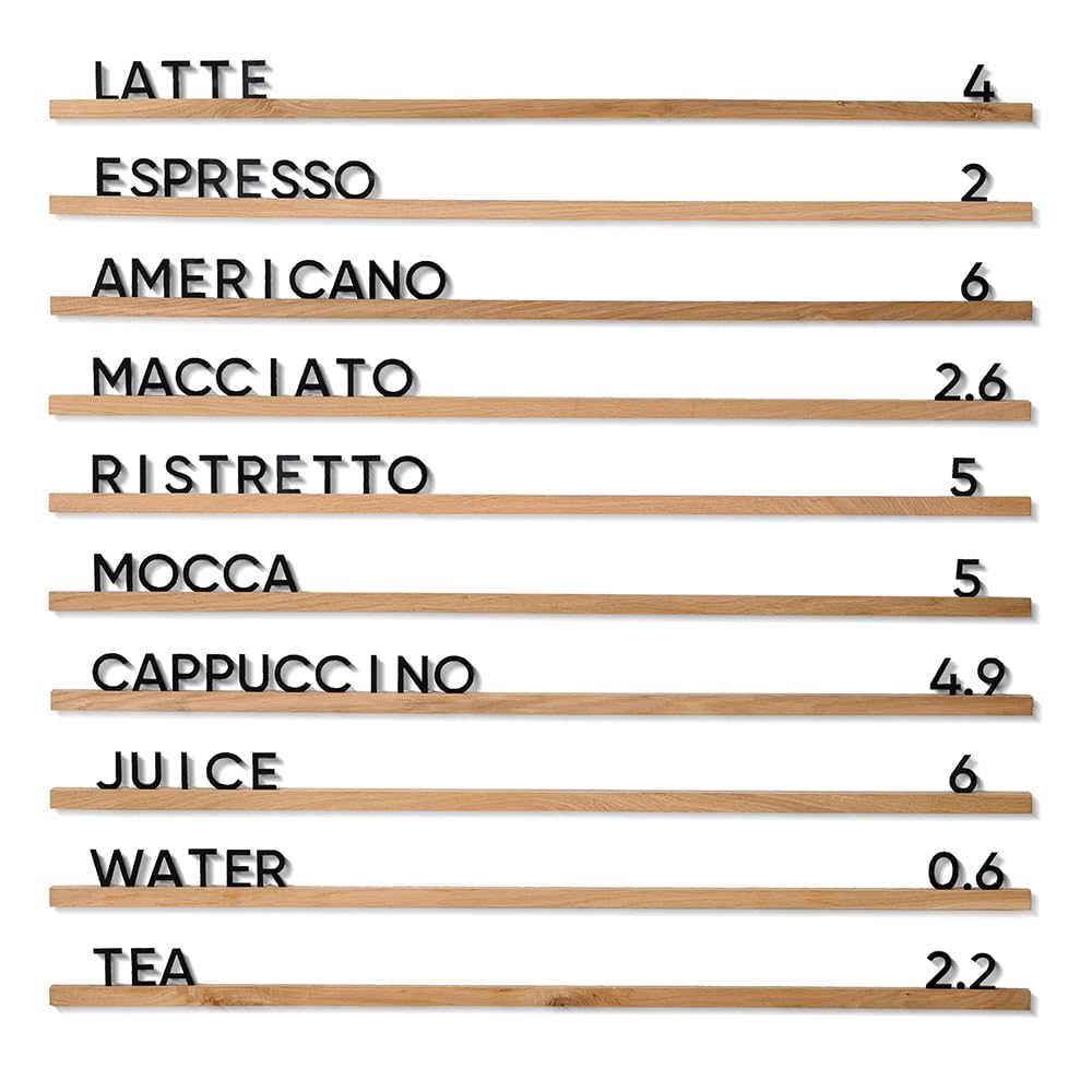 Inko Horeca Wooden Wall Letter Board - Set of 10 Oak Rails + 400 Changeable Black Letters - Floating Wall Menu Display Shelf for Cafe, Bar, Kitchen, and Home Decor